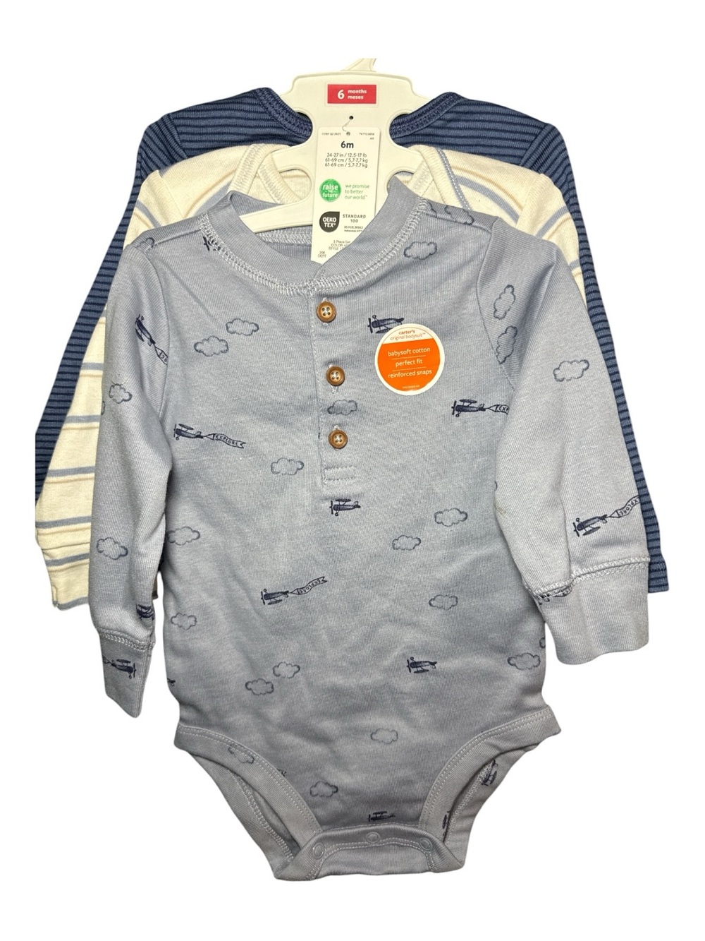 NEW! Carter's 3-Piece Baby Boy Bodysuits Soft Cotton Blue 6M